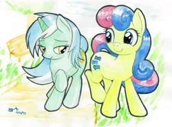 Size: 4000x2944 | Tagged: safe, artist:michiito, derpibooru import, bon bon, lyra heartstrings, sweetie drops, earth pony, pony, unicorn, female, mare, watercolor painting