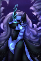 Size: 1500x2200 | Tagged: safe, artist:sora-choi, derpibooru import, nightmare moon, alicorn, pony, bust, ear piercing, earring, ethereal mane, glowing horn, jewelry, night, piercing, portrait, signature, solo