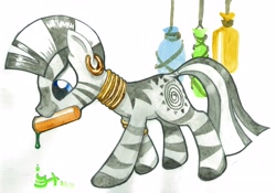 Size: 4000x2803 | Tagged: safe, artist:michiito, derpibooru import, zecora, zebra, cute, ear piercing, earring, female, jewelry, piercing, potion, simple background, solo, watercolor painting, white background