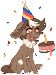 Size: 1048x1408 | Tagged: safe, artist:dusty-onyx, derpibooru import, oc, oc:choco mocca, earth pony, pony, cake, female, food, hat, mare, party hat, simple background, solo, transparent background