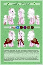 Size: 3000x4471 | Tagged: safe, artist:kellythedrawinguni, derpibooru import, oc, oc:lady slipper, earth pony, pony, cloak, clothes, female, mare, reference sheet, saddle bag, solo