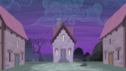 Size: 1440x810 | Tagged: safe, derpibooru import, screencap, the cutie map, house, night, no pony, our town, starlight's house, tree