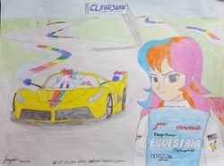 Size: 1788x1330 | Tagged: safe, artist:forzaveteranenigma, derpibooru import, oc, oc only, oc:golden gates, fanfic:equestria motorsports, equestria girls, babscon, babscon mascots, car, cloudsdale, cloudsdale international raceway, ferrari, ferrari fxx k, hypercar, laferrari, laferrari fxx-k, solo, supercar, traditional art