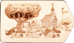 Size: 2796x1635 | Tagged: safe, artist:malte279, derpibooru import, apple bloom, scootaloo, sweetie belle, craft, cutie mark crusaders, pyrography, school, scootie belle, scootie bloom, scootie scootaloo, scooting, traditional art