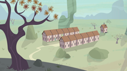 Size: 1440x809 | Tagged: safe, derpibooru import, screencap, the cutie map, desert, no pony, our town, road, scenery, starlight's house, tree, village