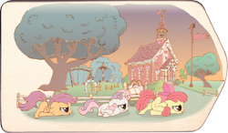 Size: 2798x1630 | Tagged: safe, artist:malte279, derpibooru import, apple bloom, scootaloo, sweetie belle, craft, cute, cutie mark crusaders, digitally colored, playground, pyrography, school, scootie belle, scootie bloom, scootie scootaloo, scooting, traditional art