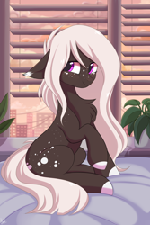 Size: 2000x3000 | Tagged: safe, artist:pesty_skillengton, derpibooru exclusive, derpibooru import, oc, oc only, earth pony, pony, bed, blinds, chest fluff, city, cute, female, floppy ears, flower, freckles, high res, house plant, mare, purple eyes, smiling, solo, white hair, white mane, white tail