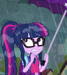 Size: 637x720 | Tagged: safe, derpibooru import, screencap, sci-twi, twilight sparkle, eqg summertime shorts, equestria girls, monday blues, cellphone, clothes, cropped, glasses, phone, ponytail, rain, smartphone, solo, umbrella, wet hair