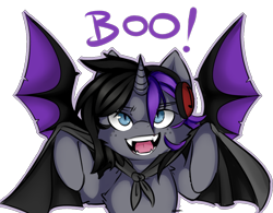 Size: 950x740 | Tagged: safe, artist:vanabette, derpibooru import, oc, oc only, oc:purple flame, bat pony, pony, unicorn, cape, clothes, costume, fangs, halloween, halloween costume, headphones, holiday, looking at you, simple background, solo, transparent background, wings