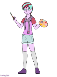 Size: 960x1280 | Tagged: safe, artist:hayley566, derpibooru import, oc, oc only, oc:daylight gleam, equestria girls, clothes, easel, equestria girls-ified, female, hipster, kneesocks, magical lesbian spawn, mary janes, offspring, paint, paintbrush, palette, parent:starlight glimmer, parent:sunset shimmer, parents:shimmerglimmer, scarf, shoes, shorts, simple background, socks, solo, transparent background