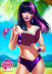 Size: 1024x1449 | Tagged: safe, artist:aleksviktoria, derpibooru import, part of a series, part of a set, twilight sparkle, human, beach, bikini, book, breasts, clothes, female, humanized, nails, painted nails, pen, solo, swimsuit