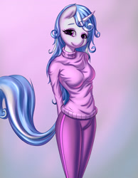 Size: 1500x1929 | Tagged: safe, artist:derpifecalus, derpibooru import, oc, oc only, oc:melodia, anthro, unicorn, anthro oc, breasts, clothes, female, gradient background, horn, mare, sweater, tail, ych result