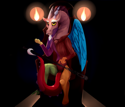 Size: 3500x3000 | Tagged: safe, artist:chapaevv, derpibooru import, discord, draconequus, clothes, crossover, male, scepter, sheogorath, sitting, solo, the elder scrolls, throne