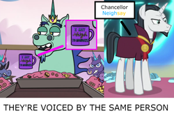 Size: 960x650 | Tagged: safe, artist:purplewonderpower, derpibooru import, chancellor neighsay, school daze, coincidence, crossover, exploitable meme, king pony head, maurice lamarche, meme, reference, same voice actor, star vs the forces of evil