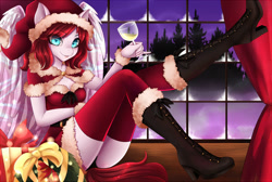 Size: 900x605 | Tagged: safe, artist:pink-pinktooth, derpibooru import, oc, oc only, oc:prism shift, anthro, pegasus, plantigrade anthro, anthro oc, boots, christmas, clothes, costume, female, glass, hat, holiday, looking at you, mare, present, santa costume, santa hat, shoes, snow, solo, window, wreath, ych result