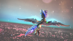 Size: 3859x2170 | Tagged: safe, artist:twitchy rudder, derpibooru import, oc, oc only, oc:vibrant star, earth pony, pony, artificial wings, augmented, chromatic aberration, city, clothes, collar, detached sleeves, facial hair, flying, high res, hoofless socks, looking at you, male, mechanical wing, panties, socks, solo, stallion, underwear, wings