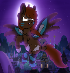 Size: 2212x2312 | Tagged: safe, artist:moonlightdisney5, derpibooru import, oc, oc only, oc:maple festival, pony, clothes, flying, glowing eyes, moon, night, socks, solo, striped socks