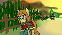 Size: 2732x1536 | Tagged: safe, artist:spheedc, derpibooru import, oc, oc:sweet corn, earth pony, pony, barn, clothes, cloud, corn field, digital art, female, fence, mare, sad, sunset