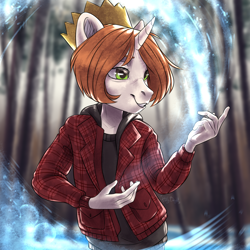 Size: 3000x3000 | Tagged: safe, artist:hollybright, derpibooru import, oc, oc only, oc:etoz, anthro, unicorn, anthro oc, blurry background, clothes, crown, digital art, female, forest, green eyes, high res, jewelry, magic, mare, regalia, shirt, signature, smiling, snow, solo, tree, winter, ych result