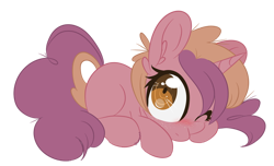 Size: 600x364 | Tagged: safe, artist:sinamuna, derpibooru import, oc, oc only, oc:ambrosia sweet, pony, unicorn, blushing, cute, female, filly, foal, freckles, lying down, mare, next generation, nextgen:pandaverse, ocbetes, offspring, one eye closed, parent:big macintosh, parent:sugar belle, parents:sugarmac, solo, wink