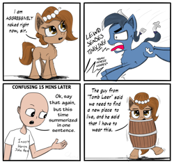 Size: 1280x1207 | Tagged: safe, artist:chopsticks, derpibooru import, oc, oc:brownie bun, oc:richard, earth pony, human, pony, horse wife, aggressive nudity, bankruptcy barrel, barrel, bipedal, clothes, comic, cute, descriptive noise, dialogue, female, funny, horse noises, insanity, lewd, open mouth, ponified, simple background, text, tumblr 2018 nsfw purge, tumblr drama, we don't normally wear clothes, wobbling, yelling