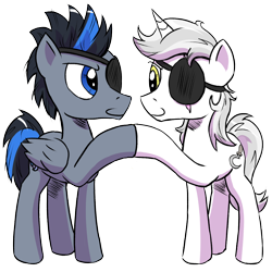 Size: 1200x1200 | Tagged: safe, artist:pony-berserker, derpibooru import, oc, oc only, oc:silver sickle, oc:slipstream, pegasus, pony, unicorn, 2018, 2019 community collab, derpibooru community collaboration, duo, eyepatch, friendship, hoofbump, injured, lidded eyes, looking at each other, male, proud, raised hoof, raised leg, scar, simple background, smiling, stallion, standing, transparent background