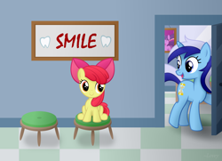 Size: 4201x3040 | Tagged: safe, artist:comfydove, derpibooru import, apple bloom, minuette, twilight sparkle, earth pony, pony, unicorn, bow, chair, cute, dentist, female, filly, hair bow, looking at each other, mare, open mouth, raised hoof, sitting, smiling