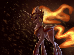 Size: 2800x2100 | Tagged: safe, artist:foughtdragon01, derpibooru import, daybreaker, alicorn, pony, dark background, female, mane of fire, snow, snowfall, solo, walking