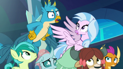 Size: 1280x720 | Tagged: safe, derpibooru import, screencap, gallus, ocellus, sandbar, silverstream, smolder, yona, changedling, changeling, dragon, earth pony, griffon, hippogriff, pony, yak, school raze, bow, dragoness, female, hair bow, male, student six, teenager