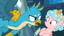 Size: 1280x720 | Tagged: safe, derpibooru import, screencap, cozy glow, gallus, griffon, pegasus, pony, school raze, crown, duo, female, filly, foal, jewelry, male, regalia