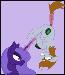 Size: 2551x2938 | Tagged: safe, artist:grypher, derpibooru exclusive, derpibooru import, oc, oc only, oc:littlepip, oc:violet gale, alicorn, pony, unicorn, fallout equestria, artificial alicorn, cutie mark, fanfic, fanfic art, female, glowing horn, grin, hanging, holding a pony, hooves, horn, levitation, looking at each other, magic, mare, missing accessory, nervous, not amused face, pipbuck, purple alicorn (fo:e), simple background, smiling, telekinesis, upside down, vector