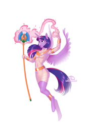 Size: 1024x1440 | Tagged: safe, artist:ladychimaera, derpibooru import, twilight sparkle, twilight sparkle (alicorn), alicorn, anthro, unguligrade anthro, clothes, costume, egyptian, female, halloween, halloween costume, holiday, mare, mummy, open mouth, signature, simple background, solo, staff, white background