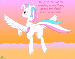 Size: 1095x872 | Tagged: safe, artist:oddymcstrange, derpibooru import, star catcher, pony, g3, cloud, dialogue, female, flying, g3 to g4, generation leap, mare, plot, smiling, solo, spread wings, stars, sunset, underhoof, wings