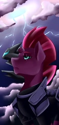 Size: 972x2048 | Tagged: safe, artist:crecious, derpibooru import, tempest shadow, pony, unicorn, airship, armor, broken horn, eye scar, female, lightning, mare, scar, scar on the wrong side, solo, storm king's ship