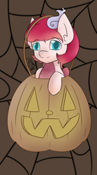 Size: 600x1080 | Tagged: safe, artist:kenzieva, derpibooru import, oc, oc only, oc:eri rebecula, bird, dragon, hybrid, original species, chibi, dracaven, feather, halloween, holiday, horns, jack-o-lantern, open species, pumpkin