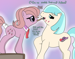 Size: 3920x3080 | Tagged: safe, artist:crimsonsky, derpibooru import, coco pommel, lickety split, g1, 35th anniversary, body swap, colored, cutie mark, dialogue, duo, mouth hold, muffled words, paintbrush, painting