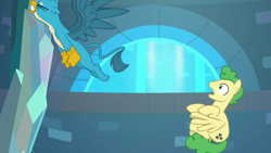 Size: 1280x720 | Tagged: safe, derpibooru import, screencap, gallus, huckleberry, griffon, pony, school raze, background pony, chest fluff, cutie mark, eyes closed, flying, friendship student, male, paws, spread wings, tail, wings