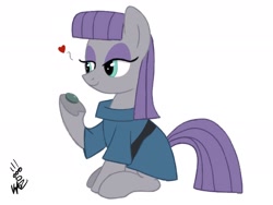 Size: 2048x1536 | Tagged: safe, artist:kazzysart, derpibooru import, boulder (pet), maud pie, earth pony, pony, floating heart, heart, lidded eyes, signature, simple background, smiling, solo, when she smiles, white background