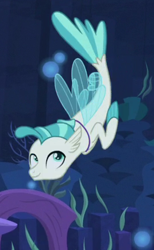 Size: 268x436 | Tagged: safe, derpibooru import, screencap, terramar, seapony (g4), surf and/or turf, cropped, fins, male, smiling, solo, tail