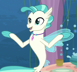 Size: 658x614 | Tagged: safe, derpibooru import, screencap, terramar, seapony (g4), surf and/or turf, cropped, fins, jewelry, male, necklace, solo, tail