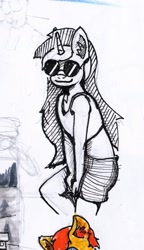 Size: 1107x1920 | Tagged: safe, artist:ploskostnost, derpibooru import, lyra heartstrings, anthro, female, grayscale, monochrome, smiling, solo, sunglasses, traditional art