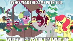 Size: 888x499 | Tagged: safe, derpibooru import, screencap, hugh jelly, strawberry sunrise, pony, best gift ever, awkward smile, caption, cherry jumble, image macro, meme, siblings, text, unamused