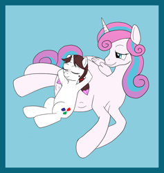 Size: 762x803 | Tagged: safe, artist:catross, derpibooru exclusive, derpibooru import, princess flurry heart, oc, oc:malinae, alicorn, pony, unicorn, adult, belly pillow, birth mark, duo, duo female, female, freckles, kicking, lying down, mama flurry, multiple pregnancy, offspring, older, older flurry heart, parent:applejack, parent:oc:niku, parents:canon x oc, pregnant, sleeping, smiling, teenager