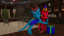 Size: 1280x720 | Tagged: safe, artist:xboxking37, derpibooru import, oc, oc:divine zeal, oc:flaming moon, cat, dracony, hybrid, pegasus, pony, 3d, chair, christmas, christmas tree, flower pot, holiday, hug, oc x oc, present, shipping, source filmmaker, stars, table, tree