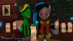 Size: 1280x720 | Tagged: safe, artist:xboxking37, derpibooru import, oc, oc:midnightstar, oc:radiantaura, bat pony, earth pony, pony, 3d, christmas, clothes, cookie, costume, eggnog, food, holiday, oc x oc, particles, shipping, source filmmaker, unamused