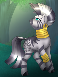 Size: 960x1280 | Tagged: safe, artist:globug100art, derpibooru import, zecora, zebra, colored pupils, cute, ear piercing, earring, female, forest, jewelry, looking up, piercing, solo, zecorable