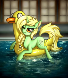 Size: 960x1100 | Tagged: safe, artist:zetamad, derpibooru import, oc, oc:gisss, pony, unicorn, braid, float, rubber duck, solo, water