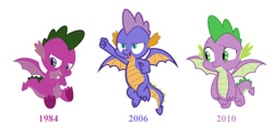 Size: 1000x500 | Tagged: safe, color edit, derpibooru import, edit, master kenbroath gilspotten heathspike, spike, spike (g1), dragon, g1, g3, g4, molt down, 1984, 2006, 2010, 35th anniversary, colored, g1 to g4, g3 to g4, generation leap, generational dragondox, male, photoshop, simple background, trio, white background, winged spike