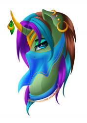 Size: 1024x1438 | Tagged: safe, artist:bastet-catmew, derpibooru import, oc, oc:delta, pony, unicorn, bust, curved horn, female, horn, mare, portrait, simple background, solo, veil, white background