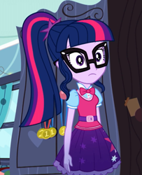 Size: 585x720 | Tagged: safe, derpibooru import, screencap, sci-twi, twilight sparkle, eqg summertime shorts, equestria girls, leaping off the page, clothes, cropped, glasses, ponytail, rainbow dash's bedroom, skirt